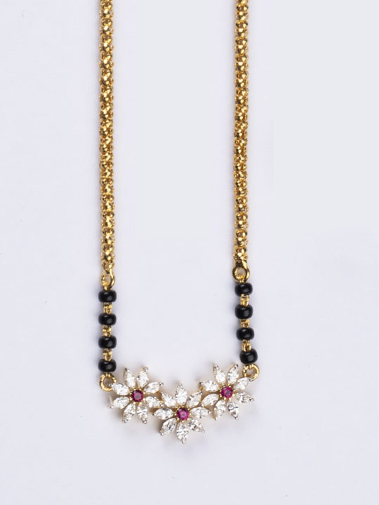 Marquise diamond mangalsutra with ruby and partial black bead yellow gold chain