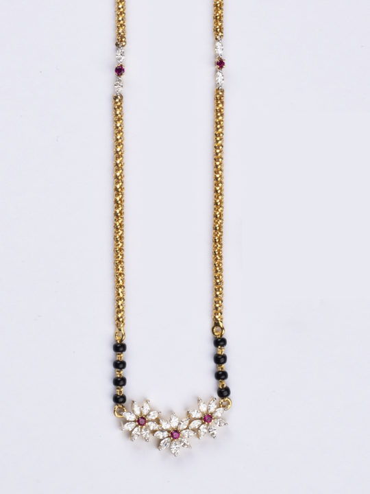 Marquise diamond mangalsutra with ruby and partial black bead yellow gold chain