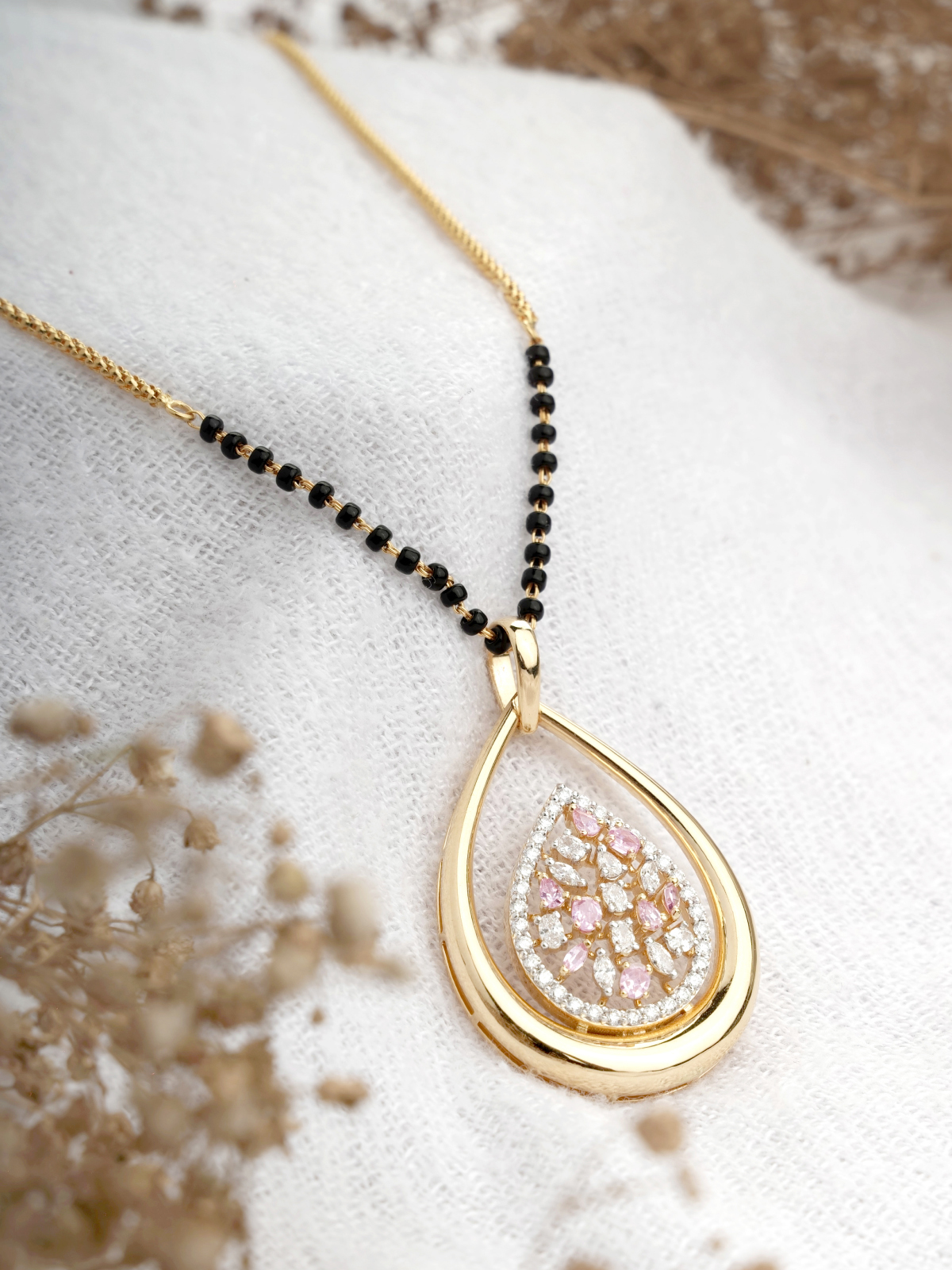 Pink semi-precious gemstone and real diamond 18K gold mangalsutra